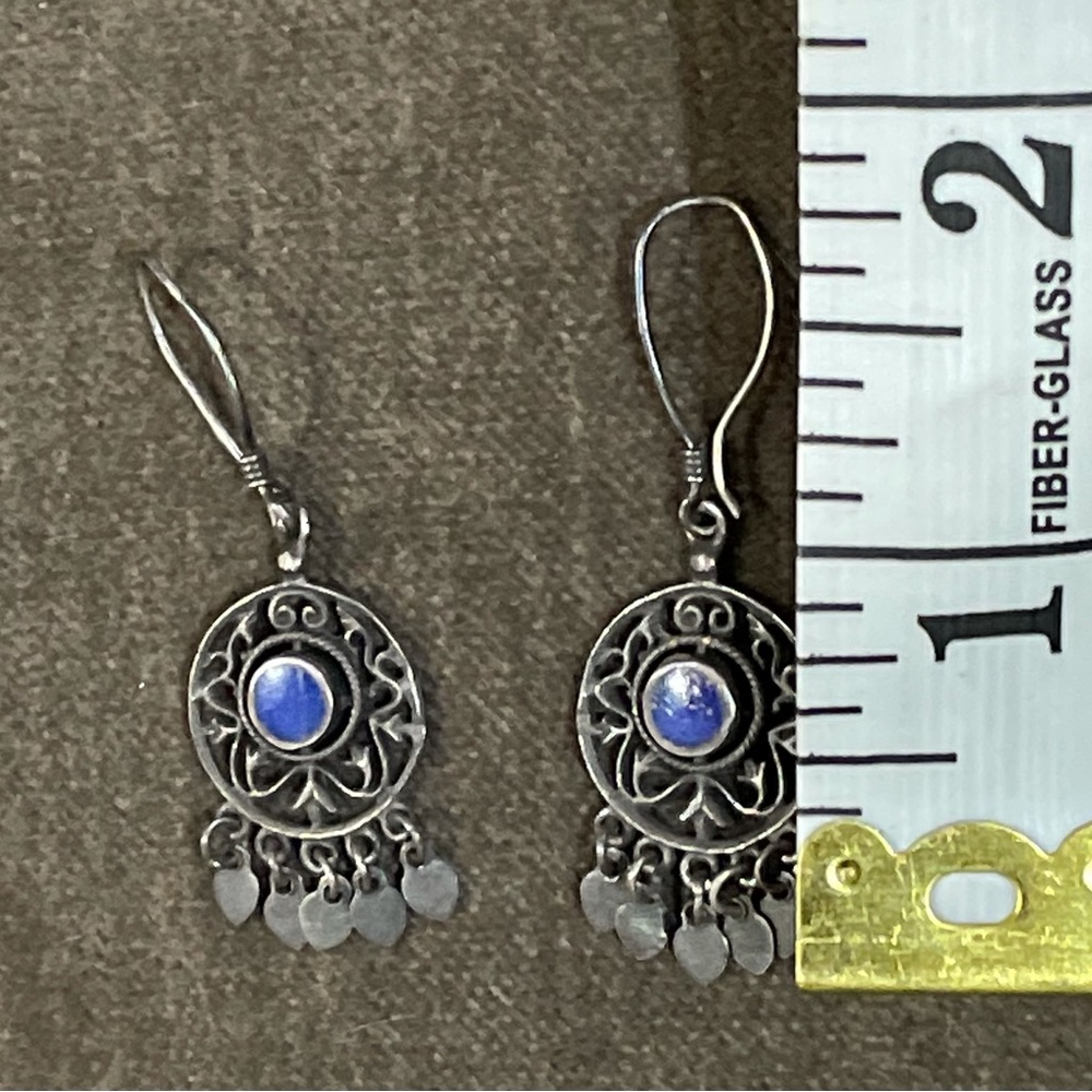 .925 Sterling Vintage Real Solid Silver Fine Jewelry BLUE LAPIS EARRINGS - Picture 3 of 3